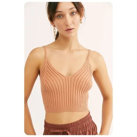 Free People Corset Detail Swit Spaghetti Strap Ribbed Knit Cami Crop Top sz M - Picture 1 of 6